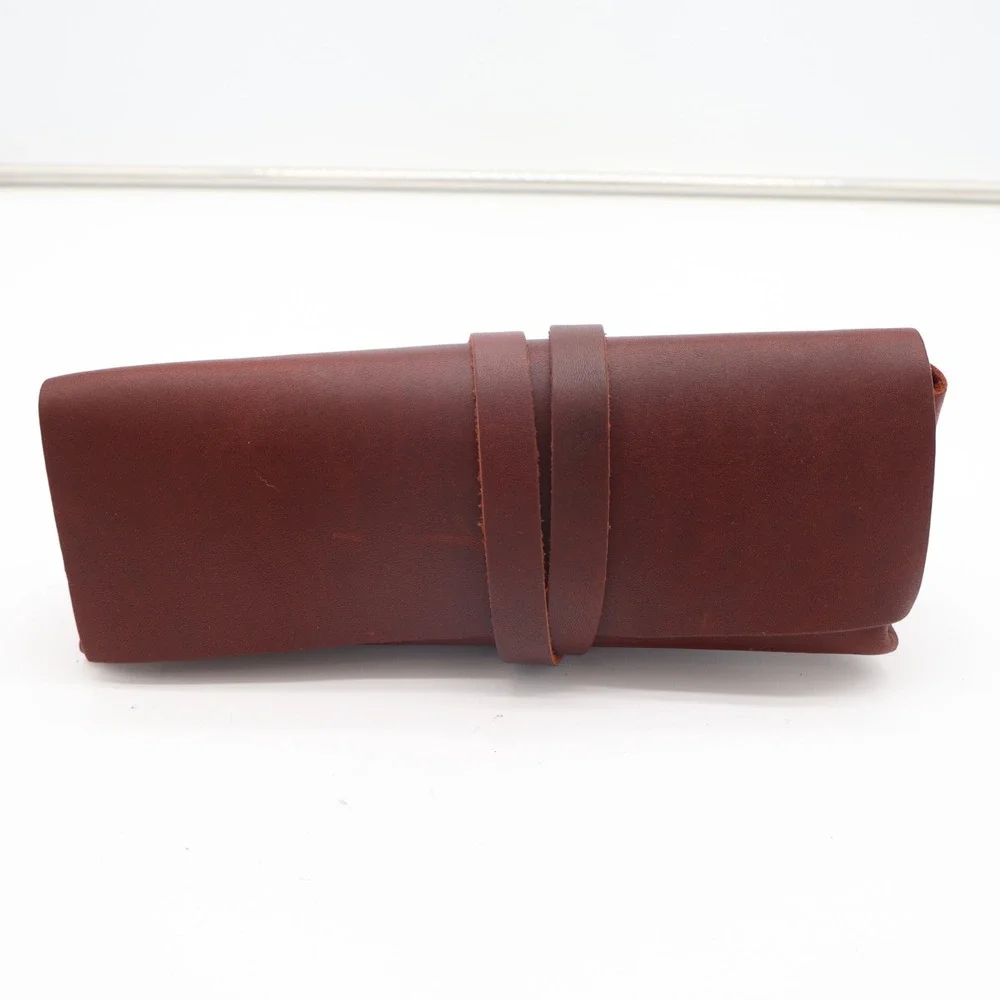 Unisex Adults Pencil Case Dark Brown Genuine Leather Classic Wrap Strap